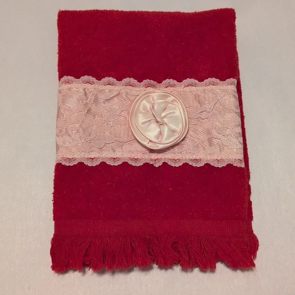 Vintage Cannon Red Cotton Hand Towel with Pink Lace Trim And Satin Rossette